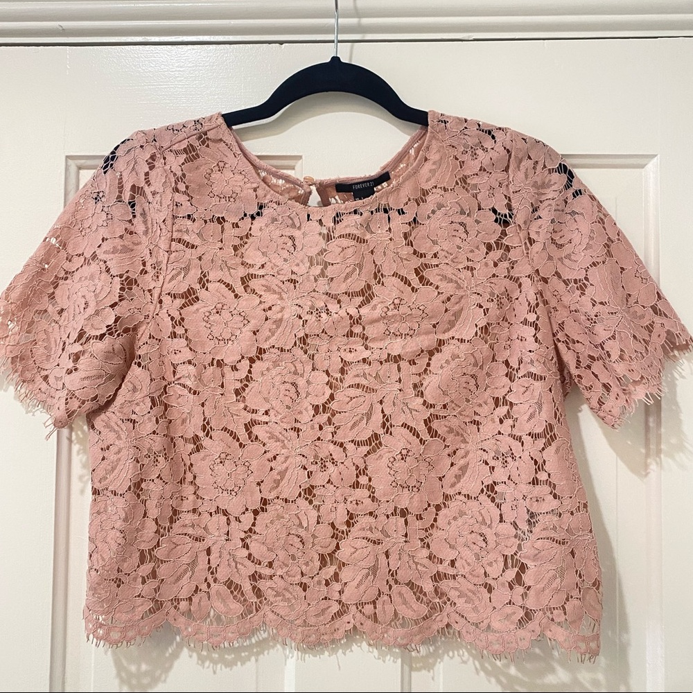 Forever 21 pink lace short sleeve overlay crop top blouse shirt